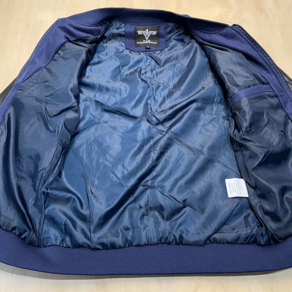 New VIP Collection Navy Blue Faux Suede‎ Bomber Jacket Black Pleather Small $169
